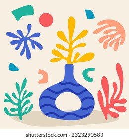 Flat abstract art with Henri mattise style painting Colorful illustration vector, Decorative floral seamless pattern with trendy shapes