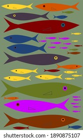 A flat abstract art of sardines of different colors 