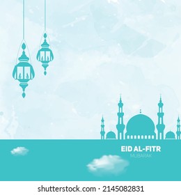 Resumen plano acuarela artística eid al-fitr ilustración con nube de mezquitas