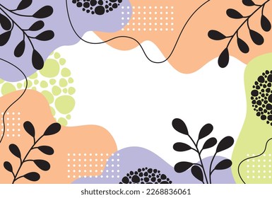 Flat abstract background with shapes, plants and line. Light colors and black. Vector illustration