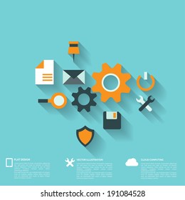 Flat abstract background with web icons. Interface symbols. Cloud computing. Mobile devices.