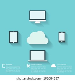 Flat abstract background with web icons. Interface symbols. Cloud computing. Mobile devices.
