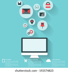 Flat abstract background with web icons. Interface symbols. Cloud computing. Mobile devices.