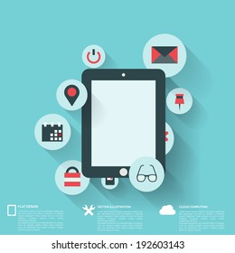 Flat abstract background with web icons. Interface symbols. Cloud computing. Mobile devices.