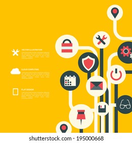 Flat abstract background with web icons. Interface symbols. Cloud computing. Mobile devices.