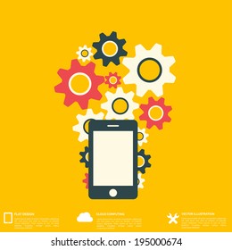 Flat abstract background with web icons. Interface symbols. Cloud computing. Mobile devices.