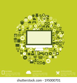 Flat abstract background with web icons. Interface symbols. Cloud computing. Mobile devices.