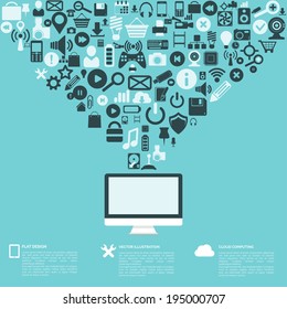 Flat abstract background with web icons. Interface symbols. Cloud computing. Mobile devices.