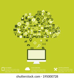 Flat abstract background with web icons. Interface symbols. Cloud computing. Mobile devices.