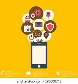 Flat abstract background with web icons. Interface symbols. Cloud computing. Mobile devices.