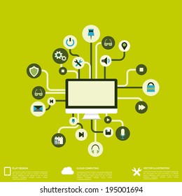 Flat abstract background with web icons. Interface symbols. Cloud computing. Mobile devices.