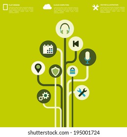 Flat abstract background with web icons. Interface symbols. Cloud computing. Mobile devices.