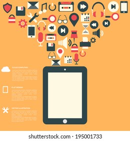 Flat abstract background with web icons. Interface symbols. Cloud computing. Mobile devices.