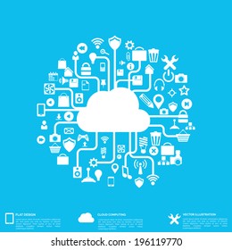 Flat abstract background with web icons. Interface symbols. Cloud computing. Mobile devices.
