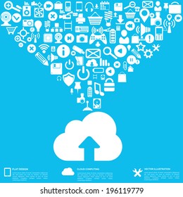 Flat abstract background with web icons. Interface symbols. Cloud computing. Mobile devices.