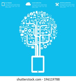 Flat abstract background with web icons. Interface symbols. Cloud computing. Mobile devices.