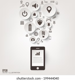 Flat abstract background with web icons. Interface symbols. Cloud computing. Mobile devices.Business concept.