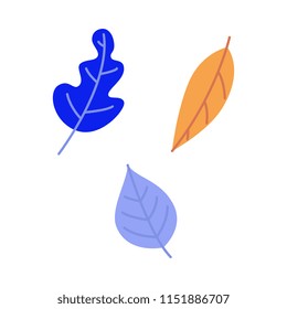 Flat abstract blue, orange leaves set. Floral elements for summer, spring design. Hand drawn plants for decoration. Vector isolated illustration.