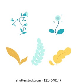 Flat abstract blue, yellow leaves set. Floral elements for summer, spring design. Hand drawn plants for decoration. Vector isolated illustration.