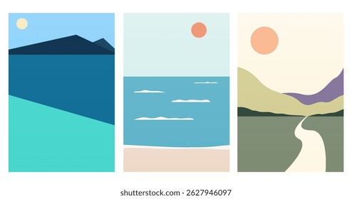 Flat abstract boho landscape wall art illustration background. Minimalistic aesthetic landscape boho illustration