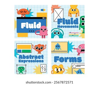 Flat abstract character emotions square illustration set