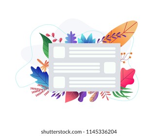 Flat abstract colorful forest leaves pattern frame or background template with space for profile data. Floral element for summer, spring autumn floral design. Hand drawn plants vector backdrop