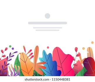 Flat abstract colorful forest leaves pattern frame or background template with space for text. Floral element for summer, spring autumn floral design. Hand drawn plants vector backdrop