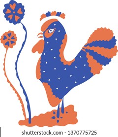 Flat abstract composition of rooster and flowers on a white background. Vector.