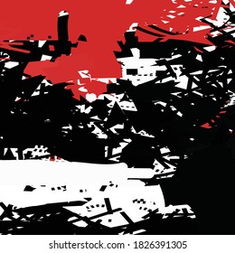 Flat abstract design. Artwork in red, black and white. Grunge graphics.