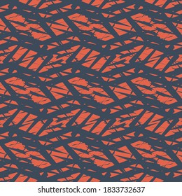 Diseño abstracto plano con zigzags intercalados con varias líneas cortas afiladas. Dibujo decorativo en azul y rojo. Impresión textil.