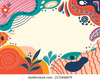 Flat abstract floral doodle background. Flower, leaves, Texture and shape elements. Nature inspired color palette vector illustration background template. Decorative colorful Horizontal banner design 