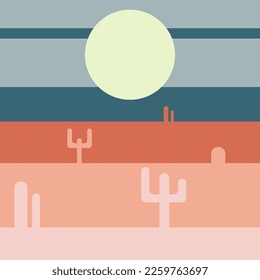 Flat abstract geometric icon, sticker, button with desert, sun, cactuses.