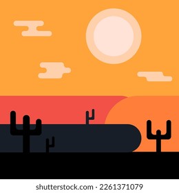 Flat abstract geometric icon, sticker, button with desert, sun, cactuses.