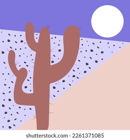 Flat abstract geometric icon, sticker, button with desert, sun, cactuses.