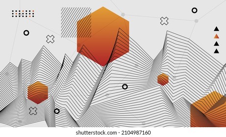 Flat abstract glitched generative art background with neo Memphis geometric composition. Conceptual illustration of high-tech cyberpunk technologies of the future. Wireframe background