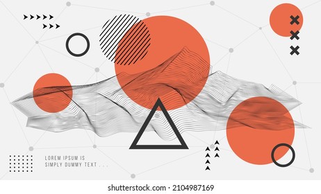 Flat abstract glitched generative art background with neo Memphis geometric composition. Conceptual illustration of high-tech cyberpunk technologies of the future. Wireframe background