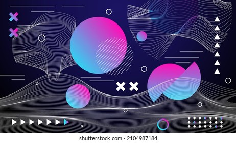 Flat abstract glitched generative art background with neo Memphis geometric composition. Conceptual illustration of high-tech cyberpunk technologies of the future. Wireframe background