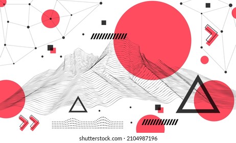 Flat abstract glitched generative art background with neo Memphis geometric composition. Conceptual illustration of high-tech cyberpunk technologies of the future. Wireframe background