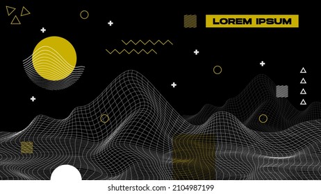 Flat Abstract Glitched Generative Art Background With Neo Memphis Geometric Composition. Conceptual Illustration Of High-tech Cyberpunk Technologies Of The Future. Wireframe Background