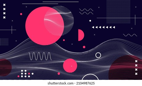 Flat Abstract Glitched Generative Art Background With Neo Memphis Geometric Composition. Conceptual Illustration Of High-tech Cyberpunk Technologies Of The Future. Wireframe Background