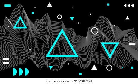 Flat abstract glitched generative art background with neo Memphis geometric composition. Conceptual illustration of high-tech cyberpunk technologies of the future. Wireframe background