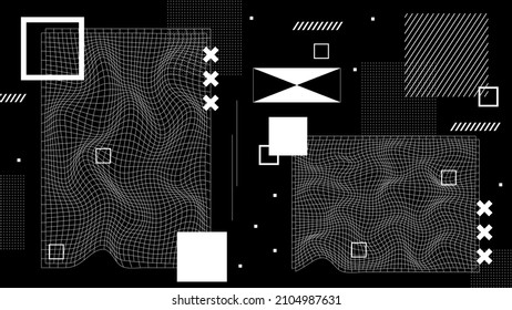 Flat abstract glitched generative art background with neo Memphis geometric composition. Conceptual illustration of high-tech cyberpunk technologies of the future. Wireframe background