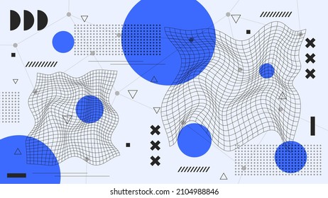 Flat abstract glitched generative art background with neo Memphis geometric composition. Conceptual illustration of high-tech cyberpunk technologies of the future. Wireframe background