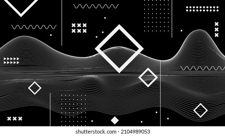 Flat abstract glitched generative art background with neo Memphis geometric composition. Conceptual illustration of high-tech cyberpunk technologies of the future. Wireframe background
