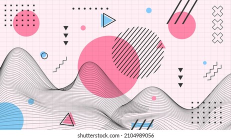 Flat abstract glitched generative art background with neo Memphis geometric composition. Conceptual illustration of high-tech cyberpunk technologies of the future. Wireframe background