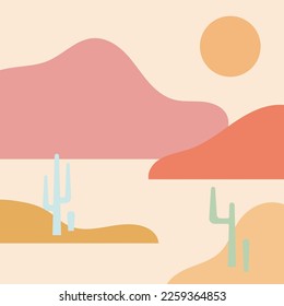 Flat abstract hand drawn icon, sticker, button with desert, sun, cactuses on soft colors