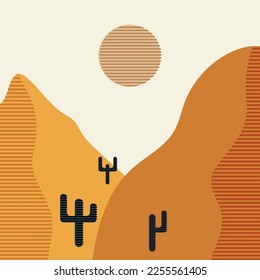 Flat abstract icon, sticker, button with desert, sun, cactuses.