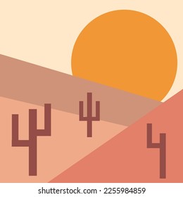Flat abstract icon, sticker, button with desert, sun, cactuses.