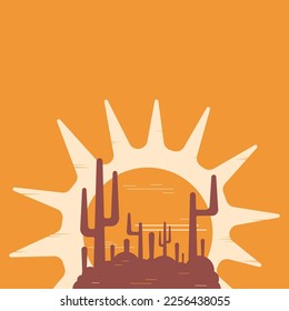 Flat abstract icon, sticker, button with desert, sun, cactuses.