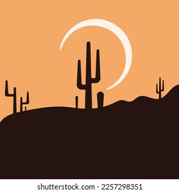 Flat abstract icon, sticker, button with desert, sun, cactuses.	